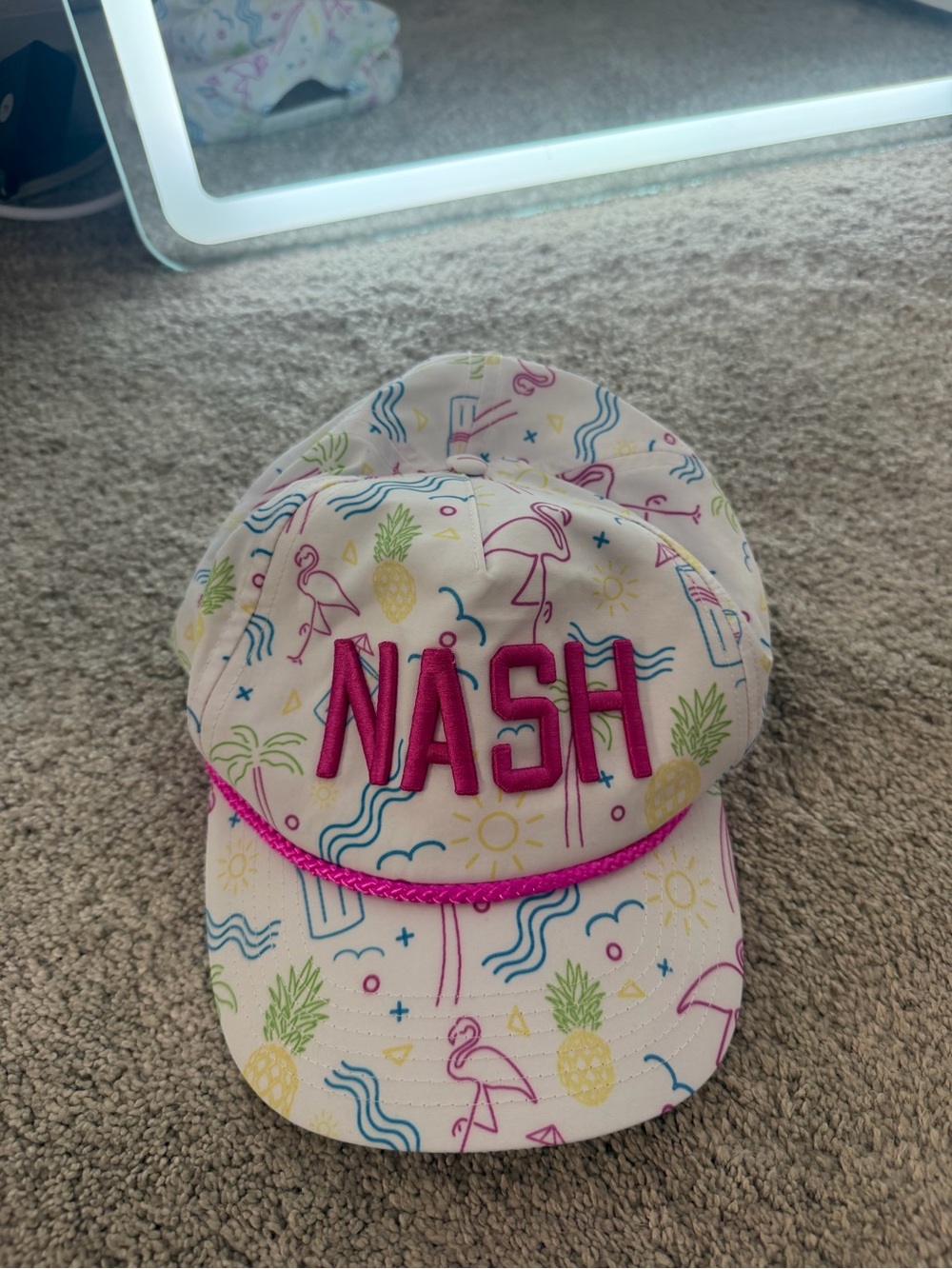White Tropical Print Baseball Cap with Pink "NASH" Embroidery